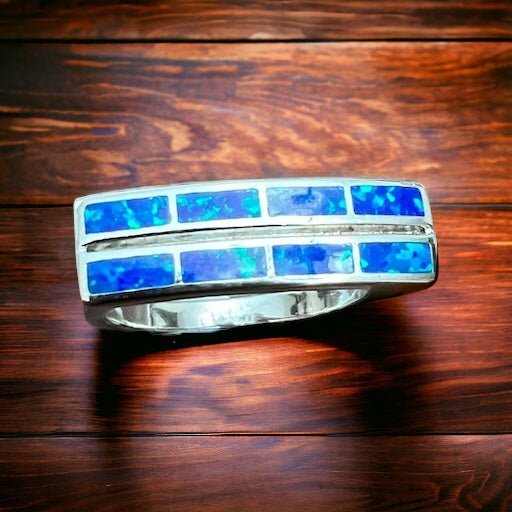 Blue Opalite Inlay Sterling Silver Ring — Size 10 (Native-Style) - Rooted & Reckless Co.