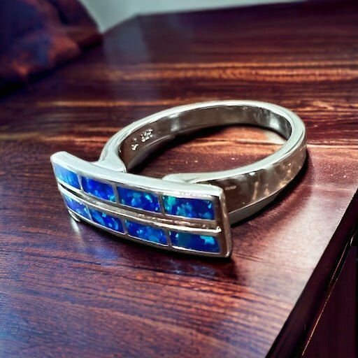 Blue Opalite Inlay Sterling Silver Ring — Size 10 (Native-Style) - Rooted & Reckless Co.