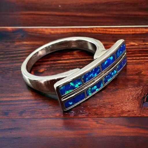 Blue Opalite Inlay Sterling Silver Ring — Size 10 (Native-Style) - Rooted & Reckless Co.
