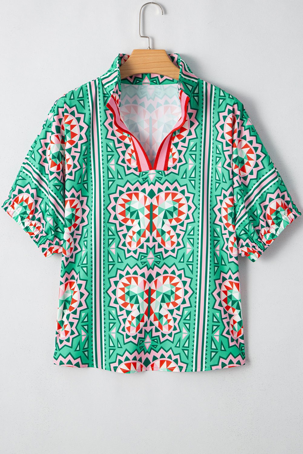 Boho Abstract Contrast Stripe Collared V-Neck Blouse - Rooted & Reckless Co.