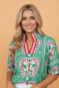 Boho Abstract Contrast Stripe Collared V-Neck Blouse - Rooted & Reckless Co.