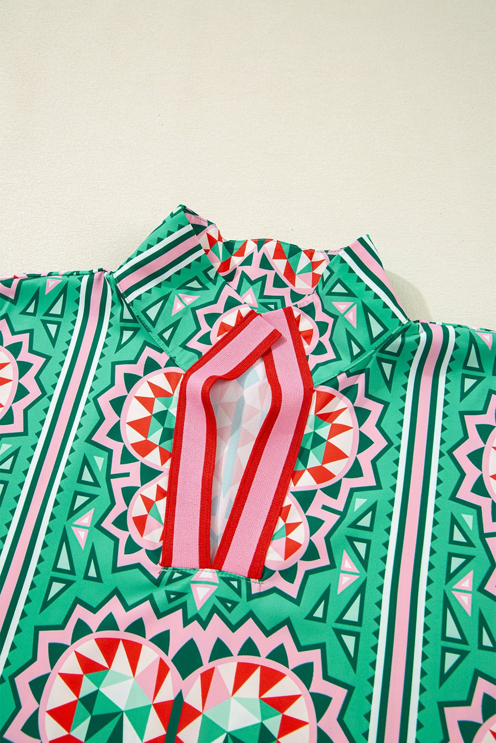 Boho Abstract Contrast Stripe Collared V-Neck Blouse - Rooted & Reckless Co.