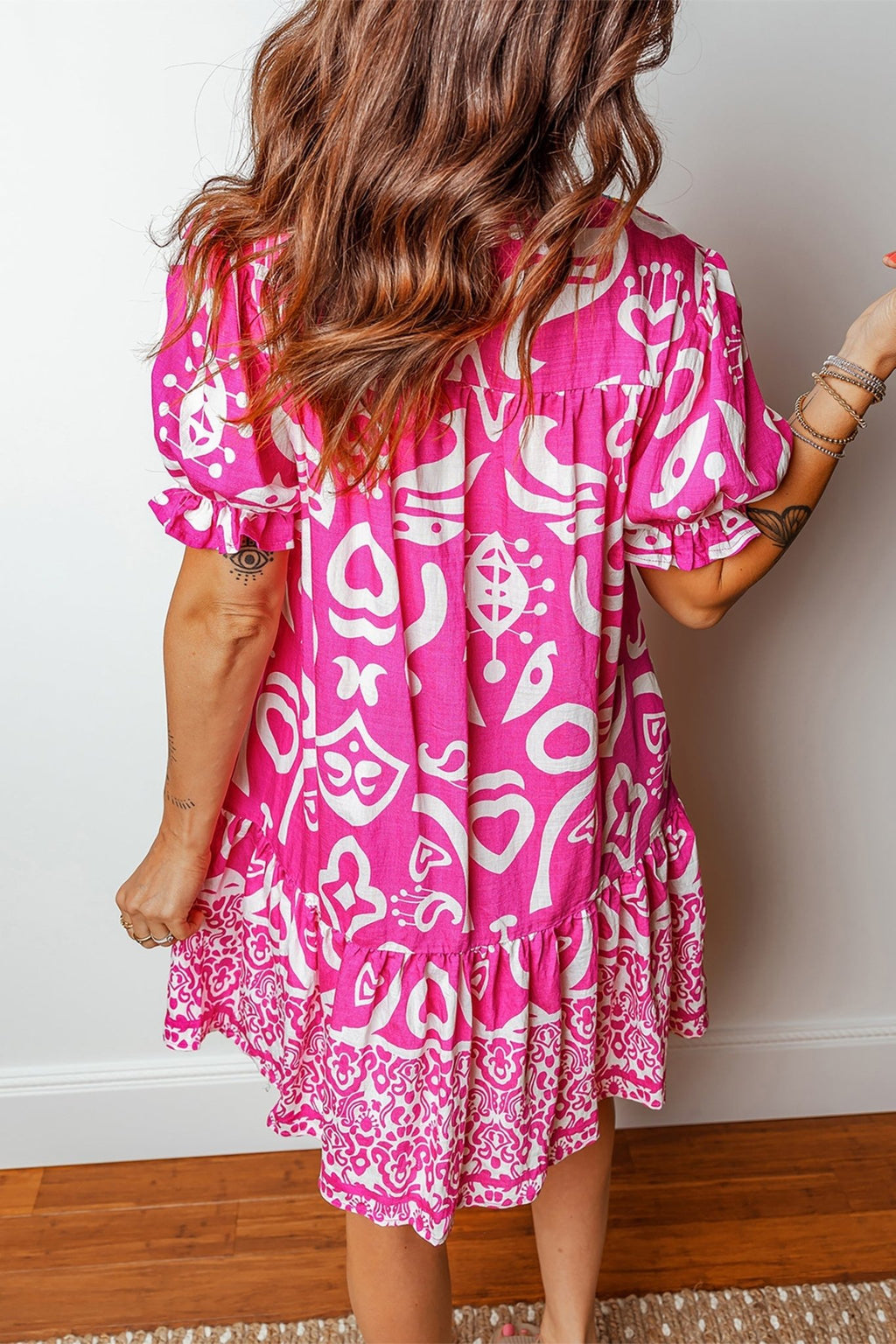 Boho Abstract Contrast Trim V-Neck Flared Dress - Rooted & Reckless Co.