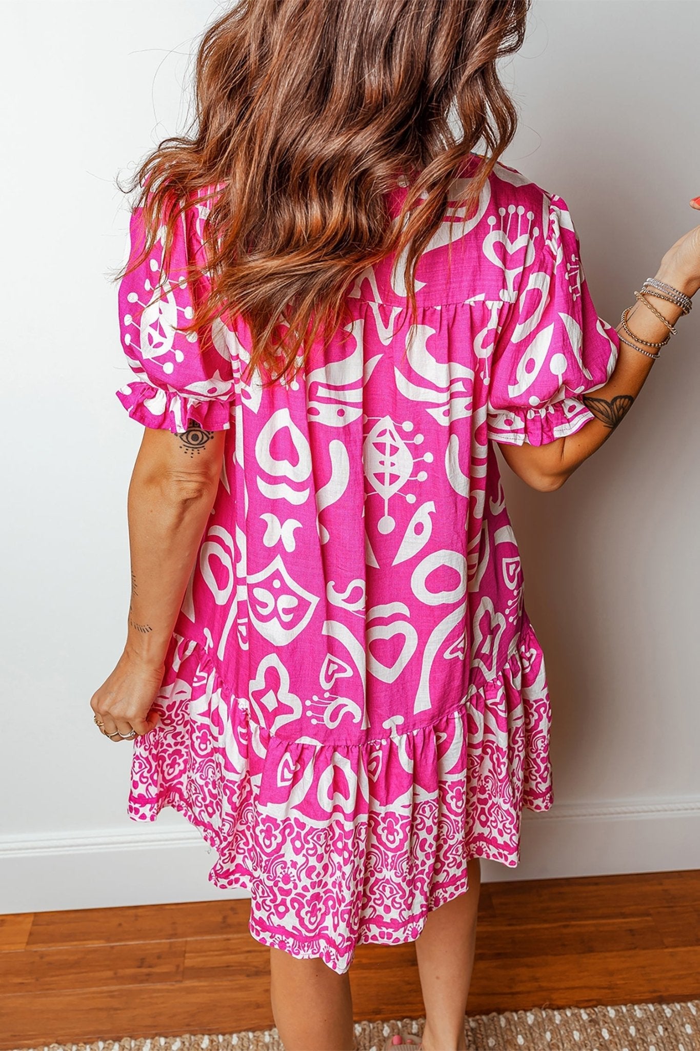Boho Abstract Contrast Trim V-Neck Flared Dress - Rooted & Reckless Co.