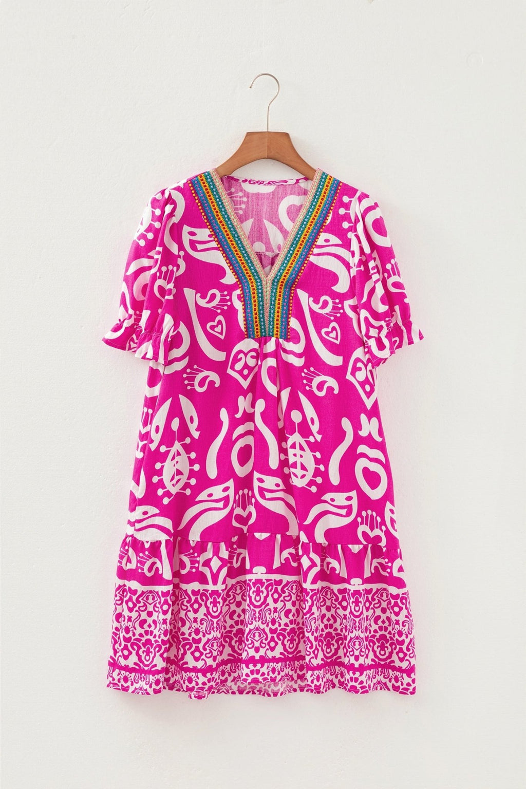 Boho Abstract Contrast Trim V-Neck Flared Dress - Rooted & Reckless Co.