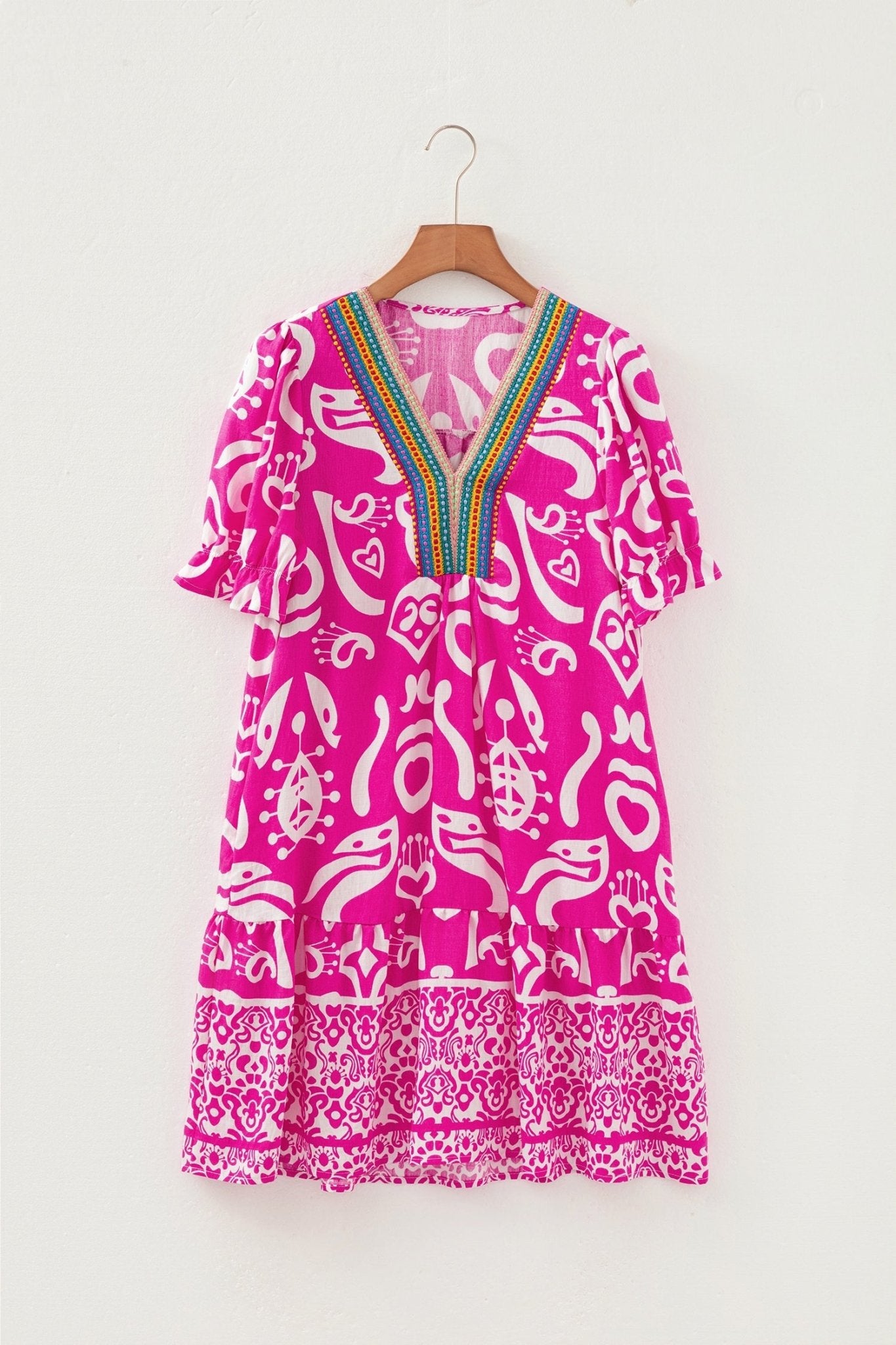 Boho Abstract Contrast Trim V-Neck Flared Dress - Rooted & Reckless Co.