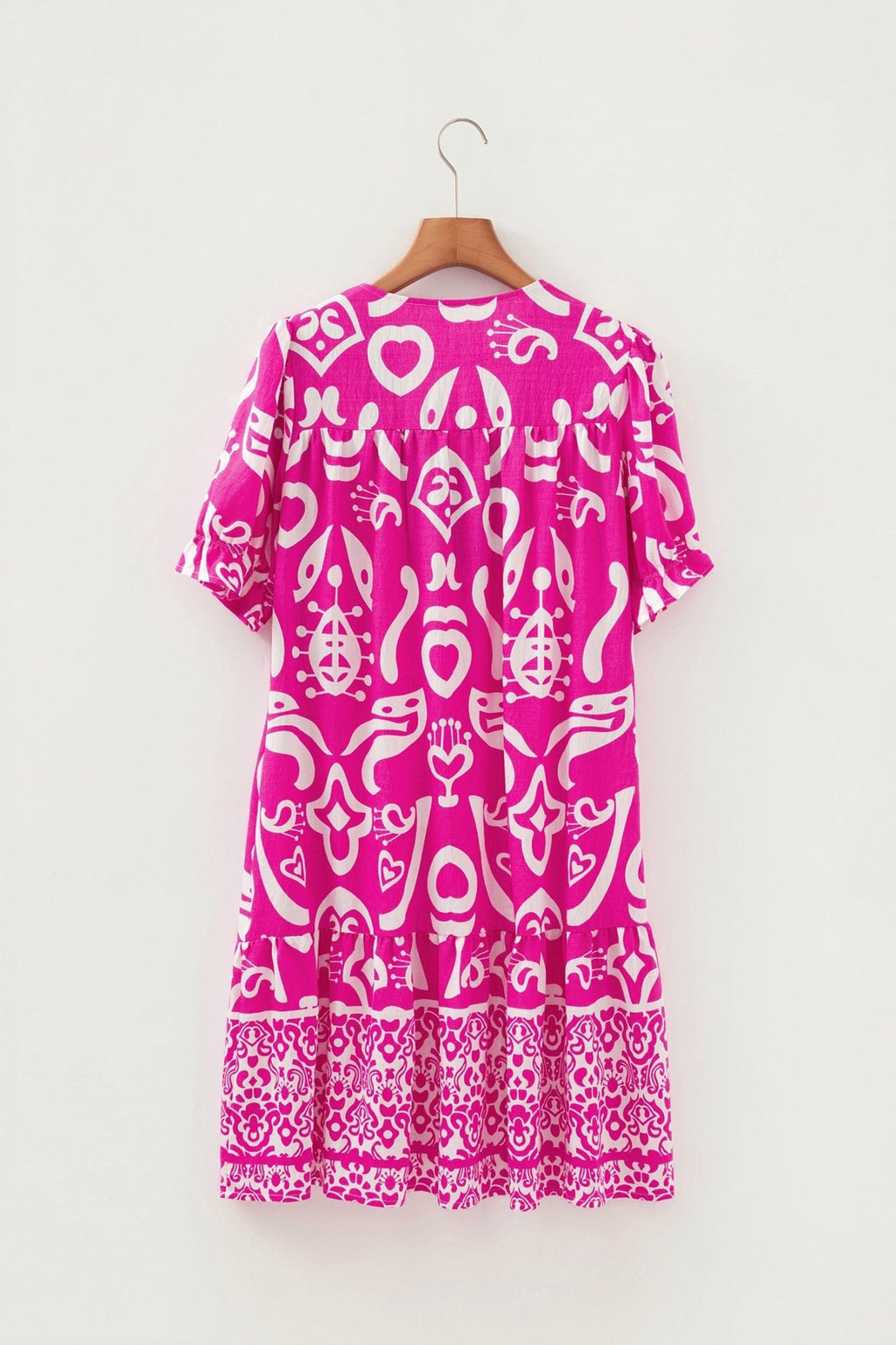 Boho Abstract Contrast Trim V-Neck Flared Dress - Rooted & Reckless Co.