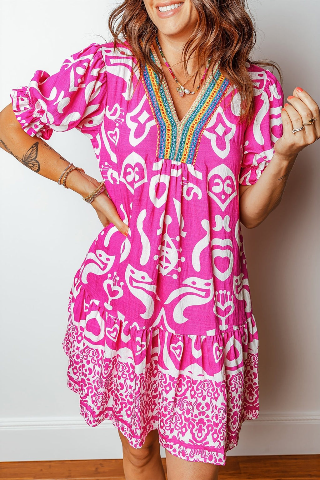 Boho Abstract Contrast Trim V-Neck Flared Dress - Rooted & Reckless Co.