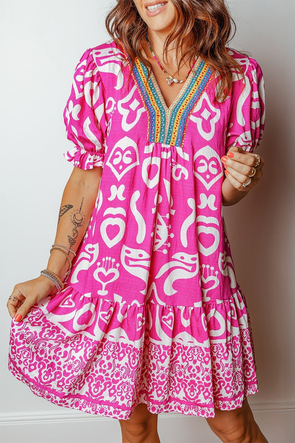 Boho Abstract Contrast Trim V-Neck Flared Dress - Rooted & Reckless Co.