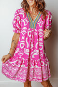 Boho Abstract Contrast Trim V-Neck Flared Dress - Rooted & Reckless Co.