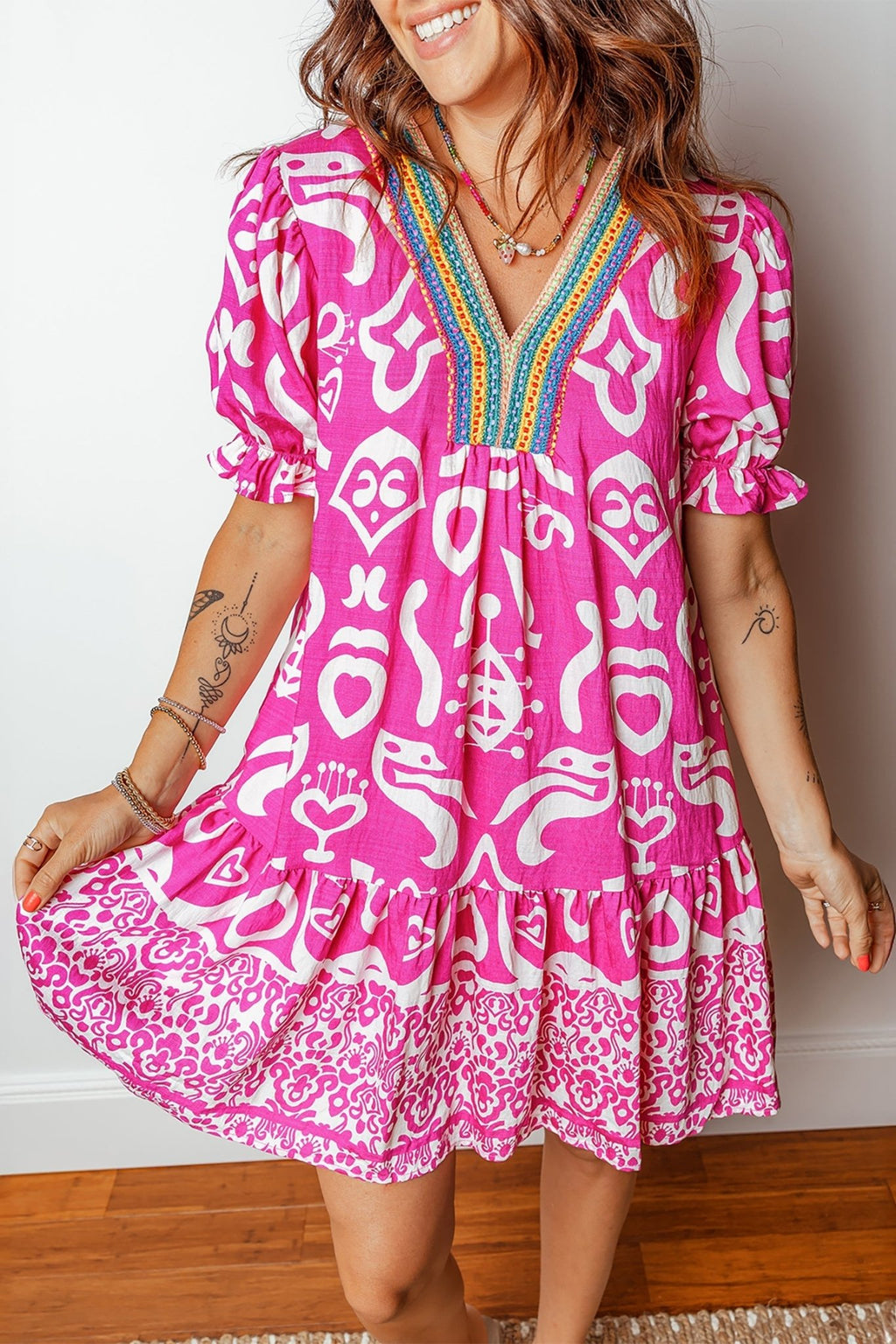 Boho Abstract Contrast Trim V-Neck Flared Dress - Rooted & Reckless Co.
