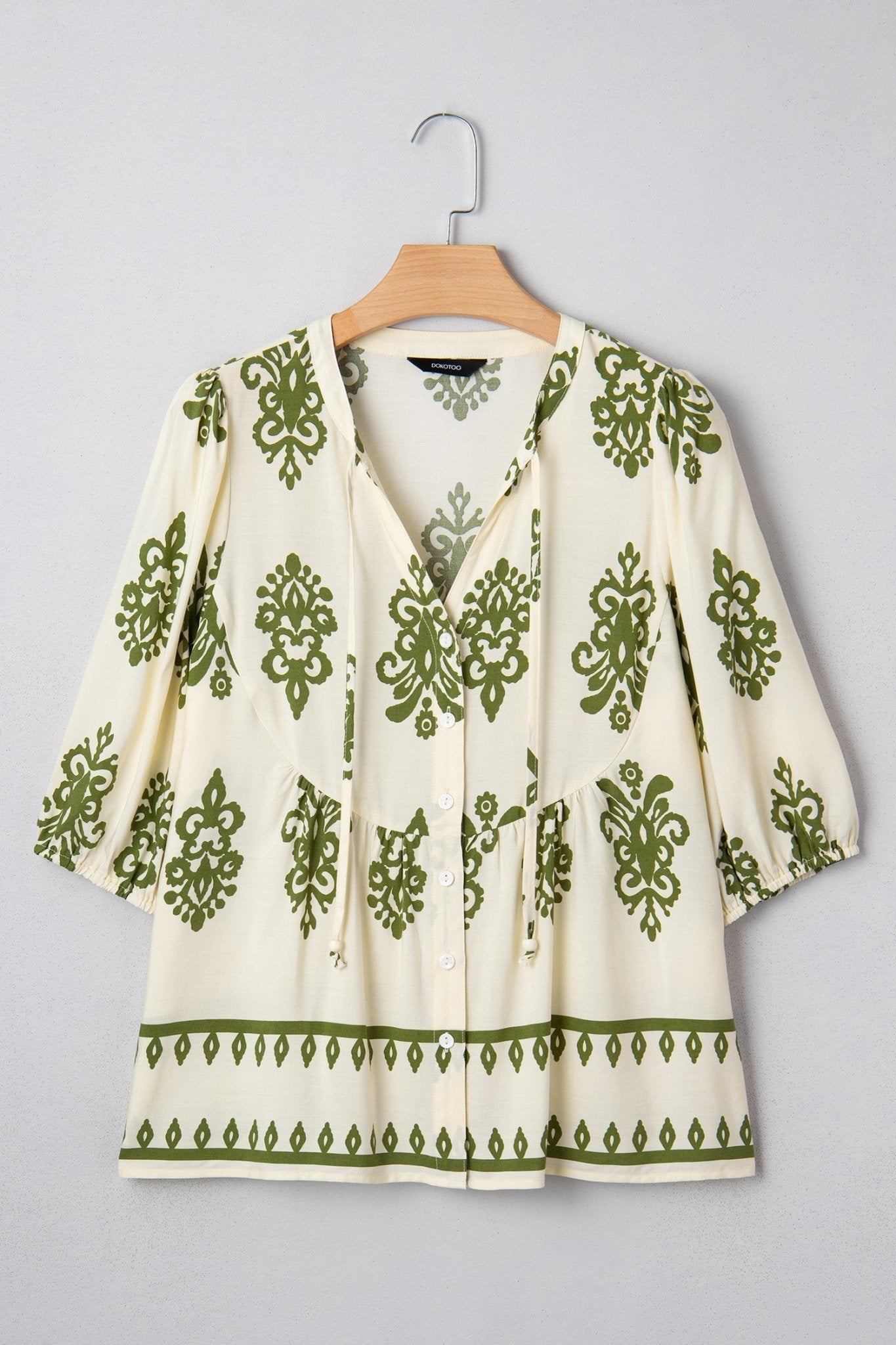 Boho Abstract Tie V-Neck Puff Sleeve Shirt - Rooted & Reckless Co.