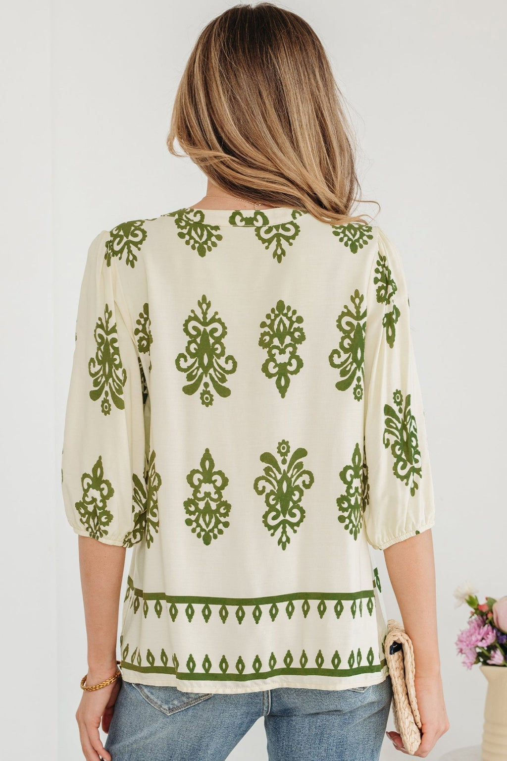 Boho Abstract Tie V-Neck Puff Sleeve Shirt - Rooted & Reckless Co.
