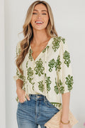 Boho Abstract Tie V-Neck Puff Sleeve Shirt - Rooted & Reckless Co.