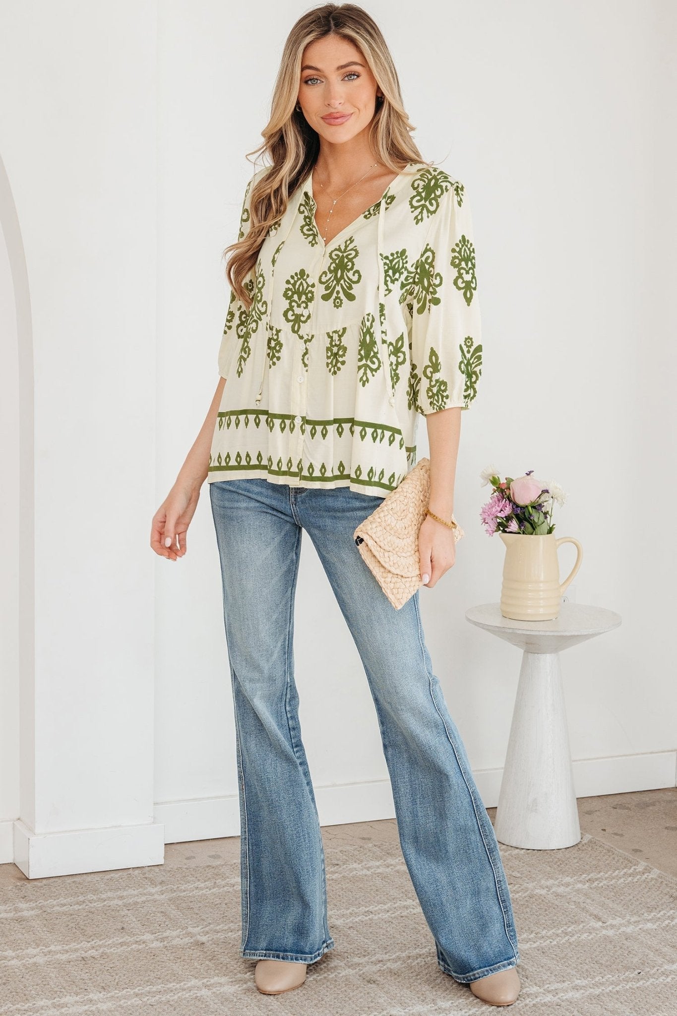 Boho Abstract Tie V-Neck Puff Sleeve Shirt - Rooted & Reckless Co.