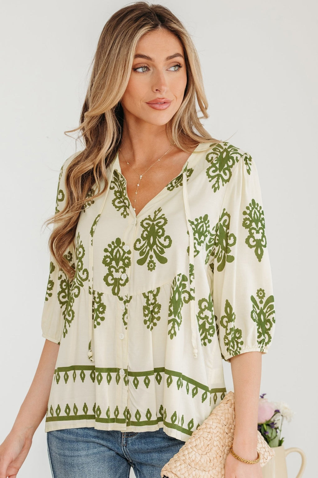 Boho Abstract Tie V-Neck Puff Sleeve Shirt - Rooted & Reckless Co.