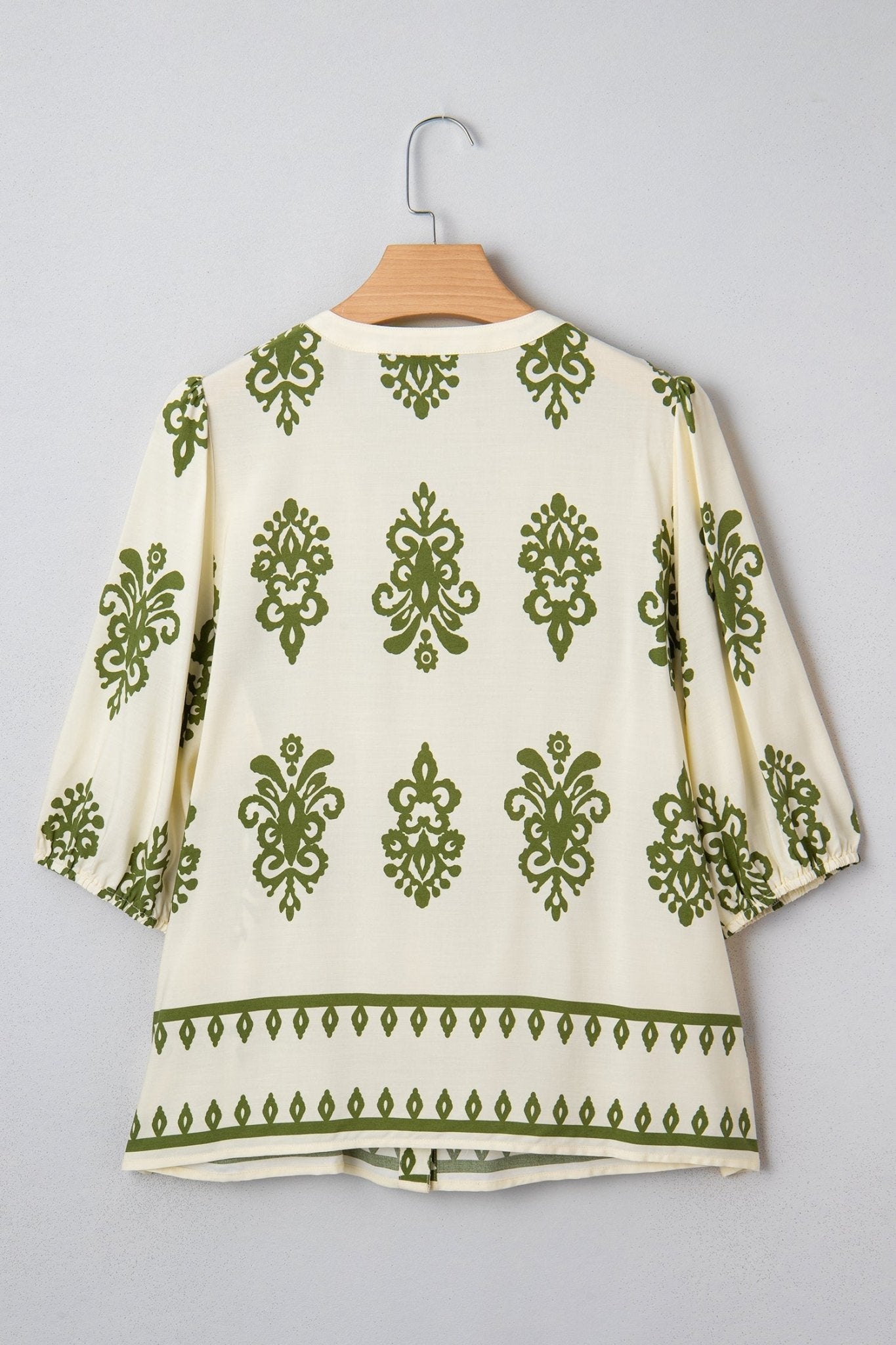 Boho Abstract Tie V-Neck Puff Sleeve Shirt - Rooted & Reckless Co.