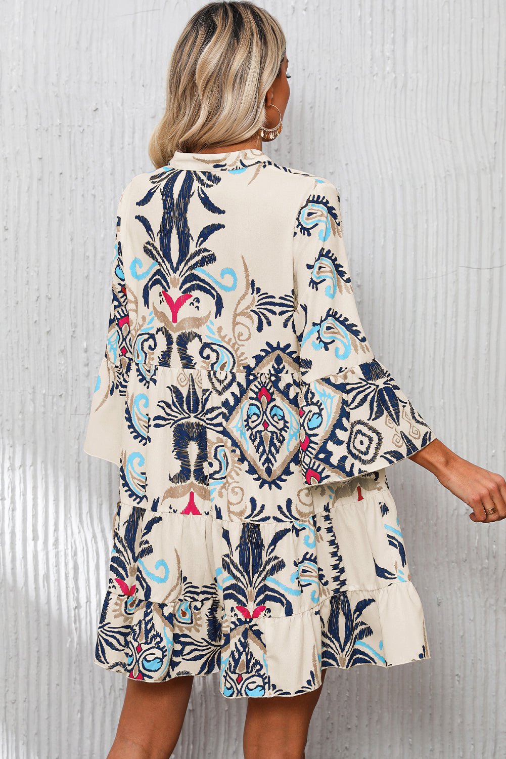 Boho Buttoned V-Neck 3/4 Sleeve Mini Dress - Rooted & Reckless Co.