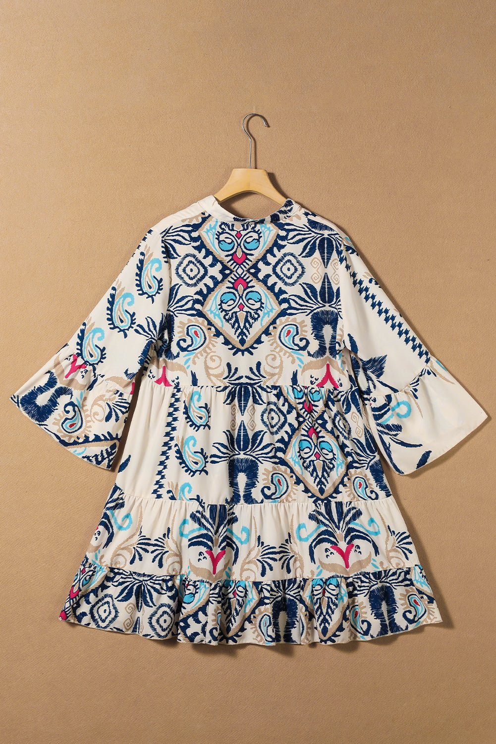 Boho Buttoned V-Neck 3/4 Sleeve Mini Dress - Rooted & Reckless Co.