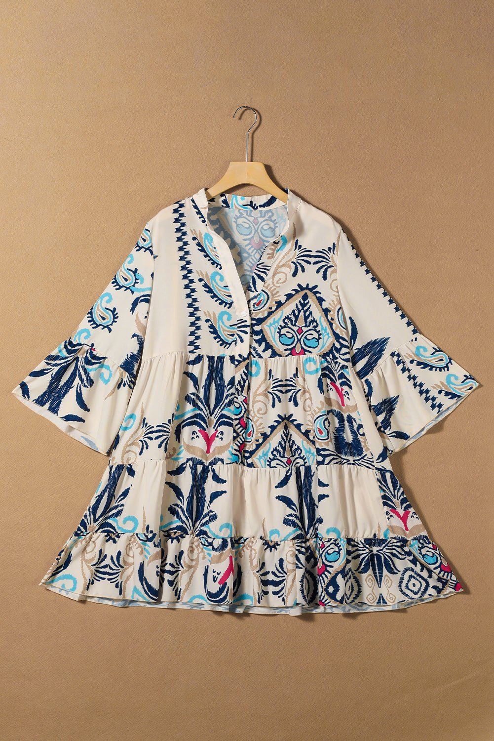 Boho Buttoned V-Neck 3/4 Sleeve Mini Dress - Rooted & Reckless Co.
