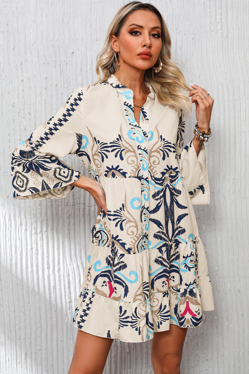 Boho Buttoned V-Neck 3/4 Sleeve Mini Dress - Rooted & Reckless Co.