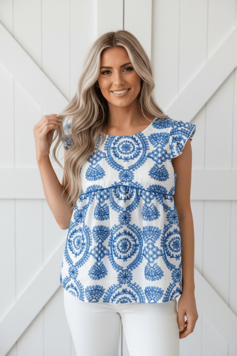 Boho Embroidered Flutter Sleeve Crew Neck Blouse - Rooted & Reckless Co.