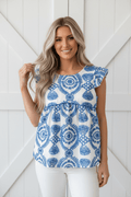 Boho Embroidered Flutter Sleeve Crew Neck Blouse - Rooted & Reckless Co.