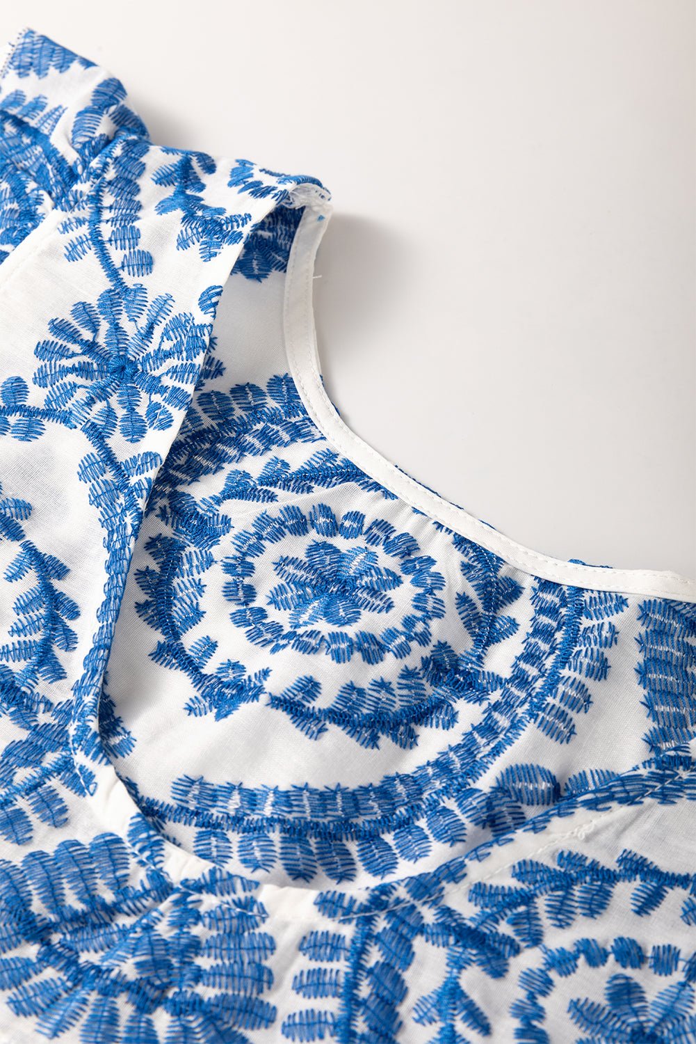 Boho Embroidered Flutter Sleeve Crew Neck Blouse - Rooted & Reckless Co.