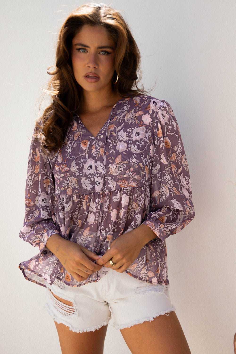 Boho Floral 3/4 Sleeve Babydoll Blouse - Rooted & Reckless Co.