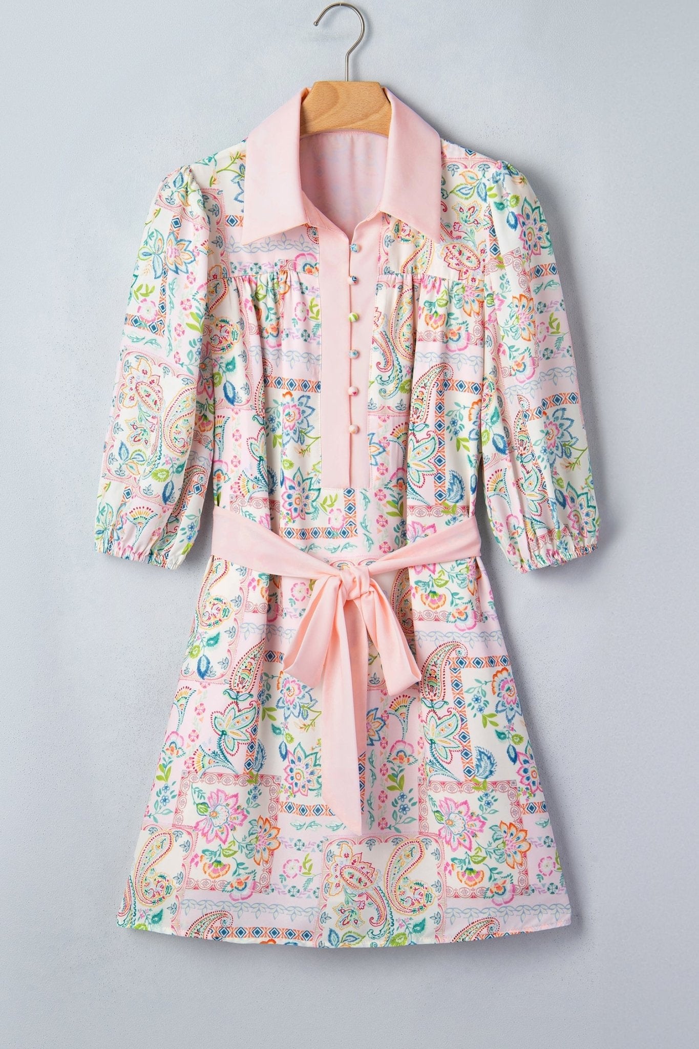 Boho Floral Colorblock 3/4 Sleeve Belted Mini Dress - Rooted & Reckless Co.