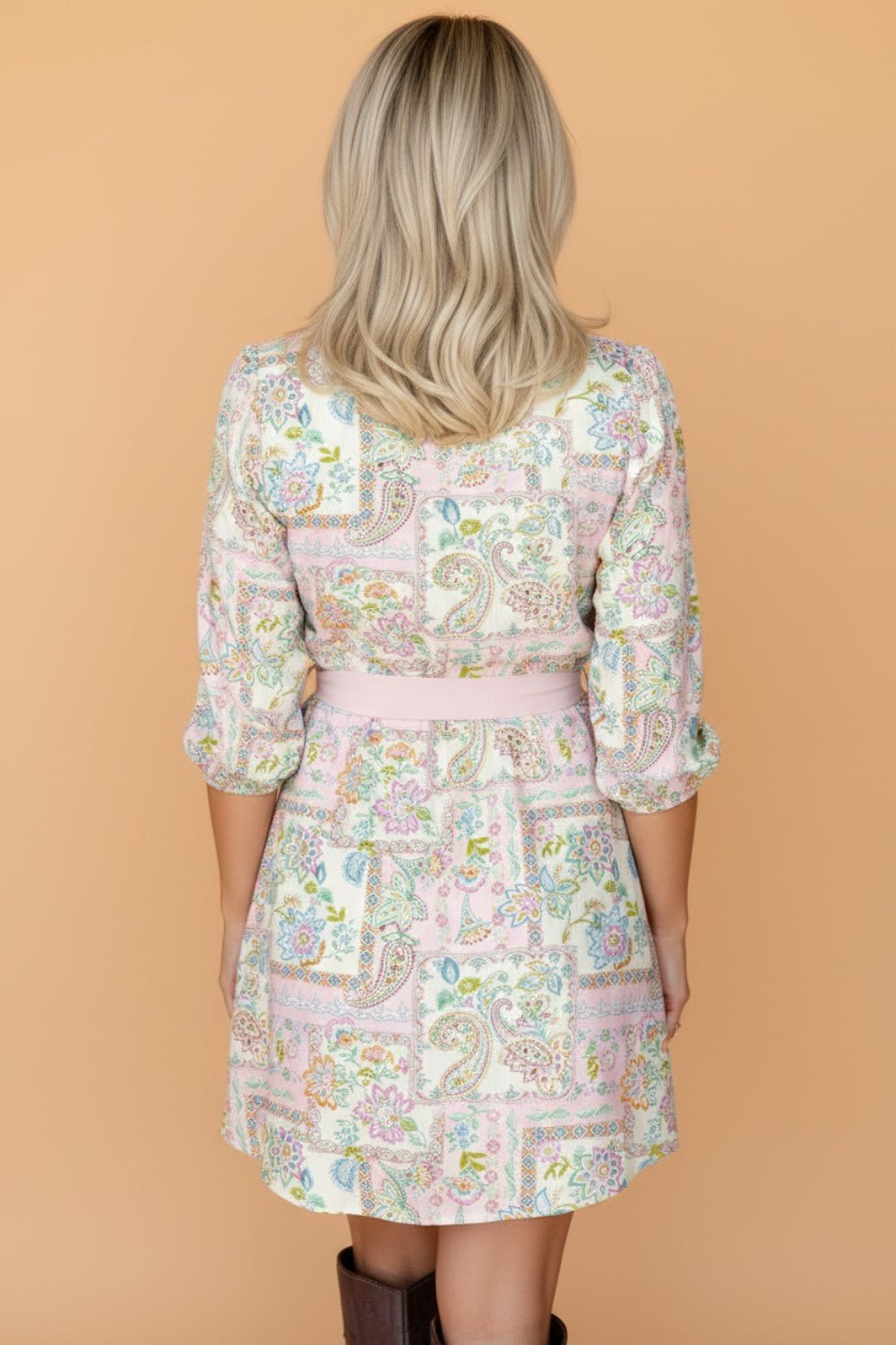 Boho Floral Colorblock 3/4 Sleeve Belted Mini Dress - Rooted & Reckless Co.