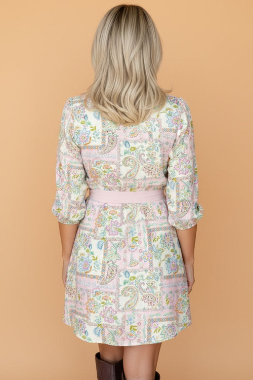 Boho Floral Colorblock 3/4 Sleeve Belted Mini Dress - Rooted & Reckless Co.