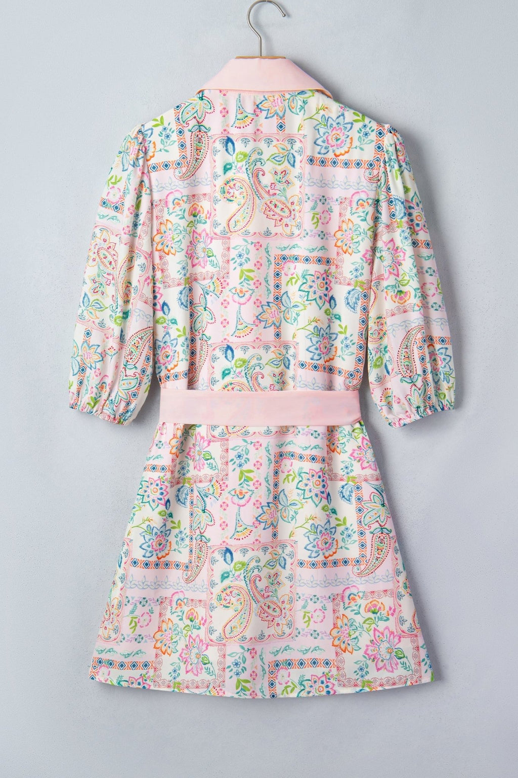 Boho Floral Colorblock 3/4 Sleeve Belted Mini Dress - Rooted & Reckless Co.