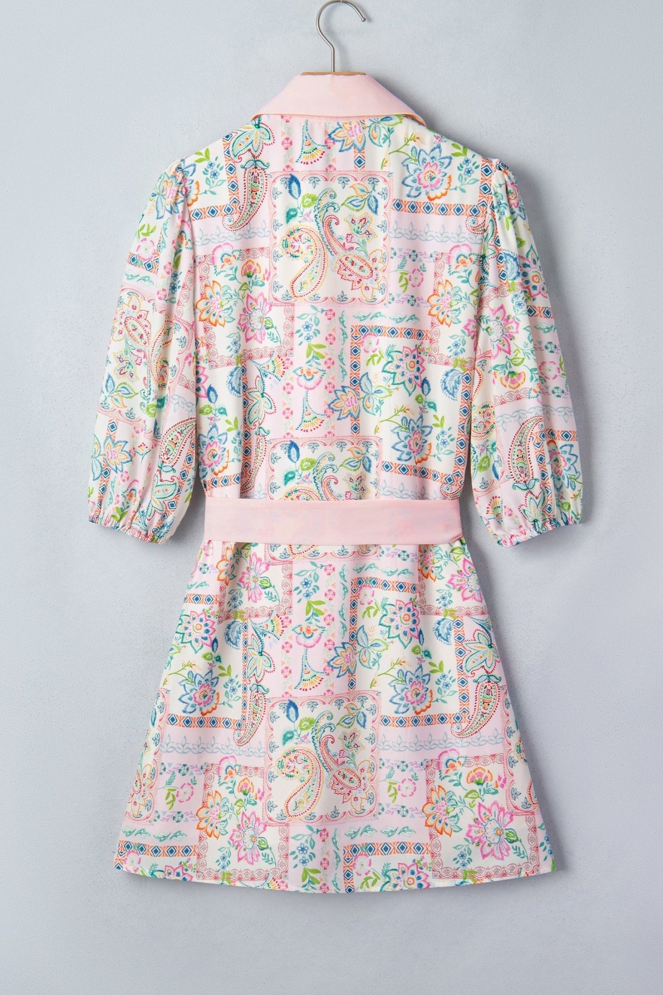 Boho Floral Colorblock 3/4 Sleeve Belted Mini Dress - Rooted & Reckless Co.