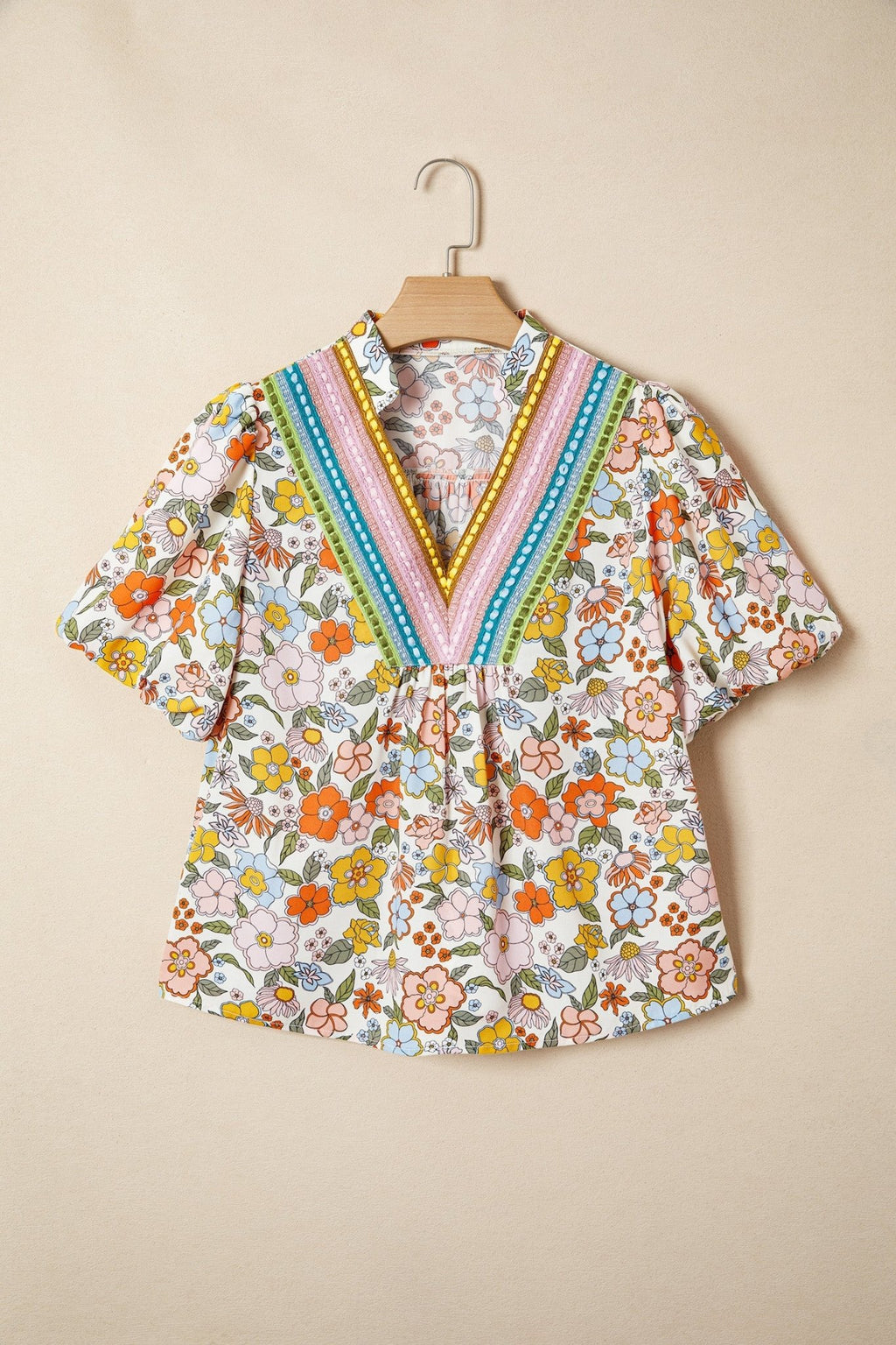 Boho Floral Crochet V-Neck Puff Sleeve Blouse - Rooted & Reckless Co.