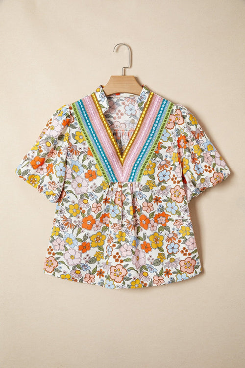 Boho Floral Crochet V-Neck Puff Sleeve Blouse - Rooted & Reckless Co.