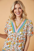 Boho Floral Crochet V-Neck Puff Sleeve Blouse - Rooted & Reckless Co.