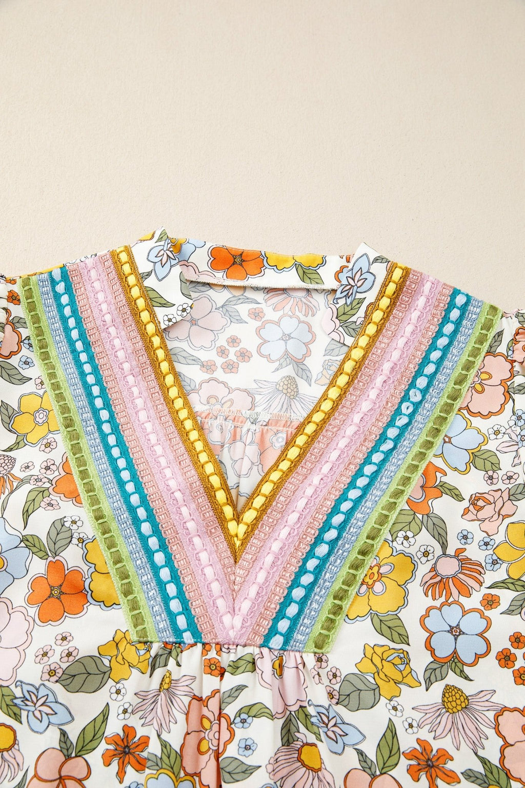 Boho Floral Crochet V-Neck Puff Sleeve Blouse - Rooted & Reckless Co.