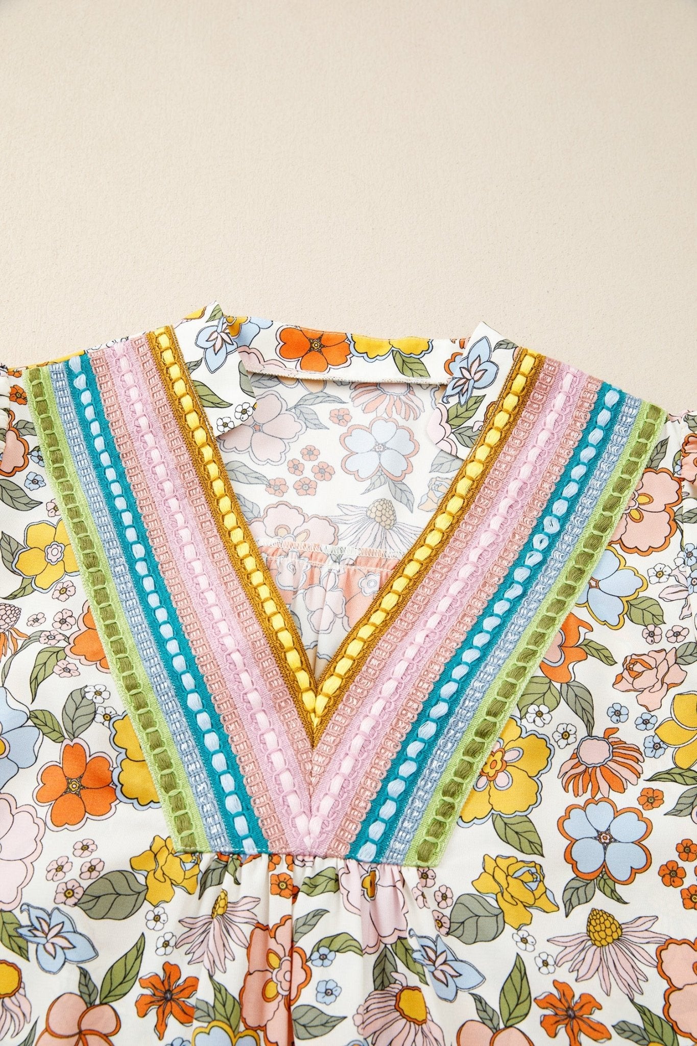 Boho Floral Crochet V-Neck Puff Sleeve Blouse - Rooted & Reckless Co.