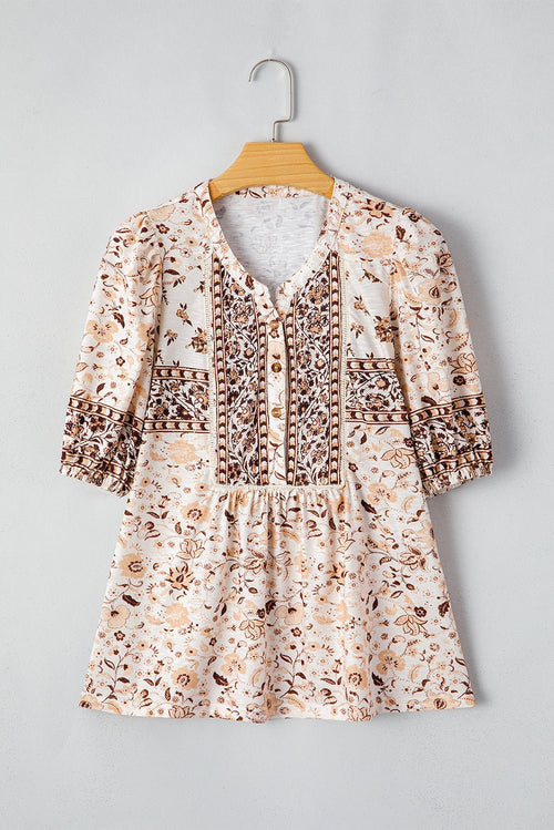 Boho Floral Half Placket Short Sleeve Blouse - Rooted & Reckless Co.