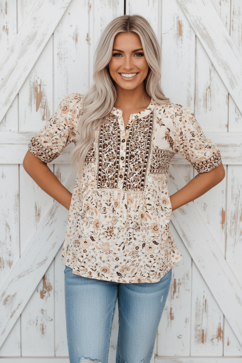 Boho Floral Half Placket Short Sleeve Blouse - Rooted & Reckless Co.