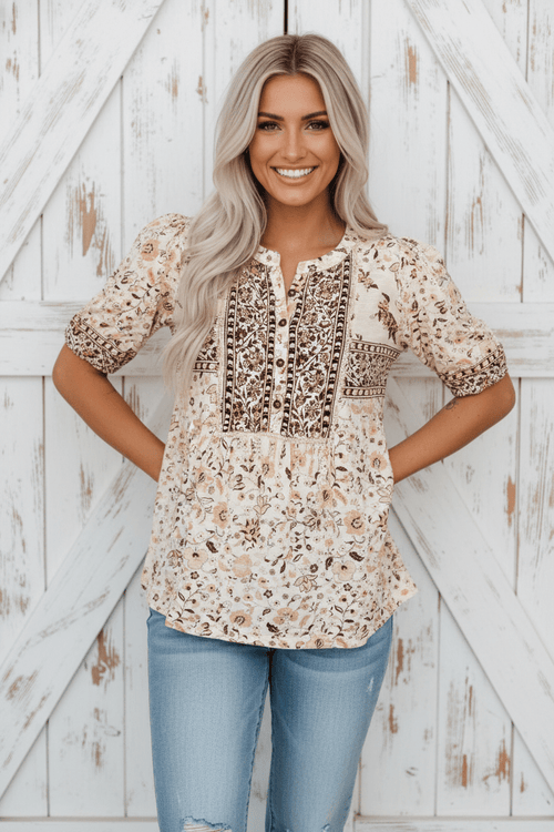 Boho Floral Half Placket Short Sleeve Blouse - Rooted & Reckless Co.