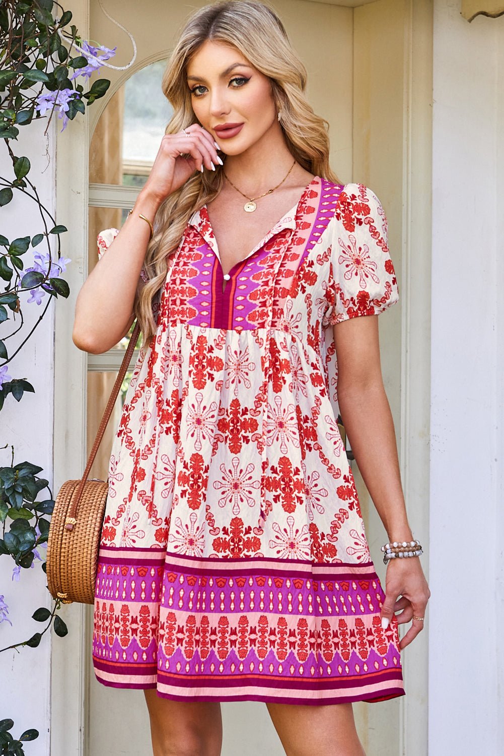 Boho Floral Lace-Up V-Neck Mini Dress - Rooted & Reckless Co.