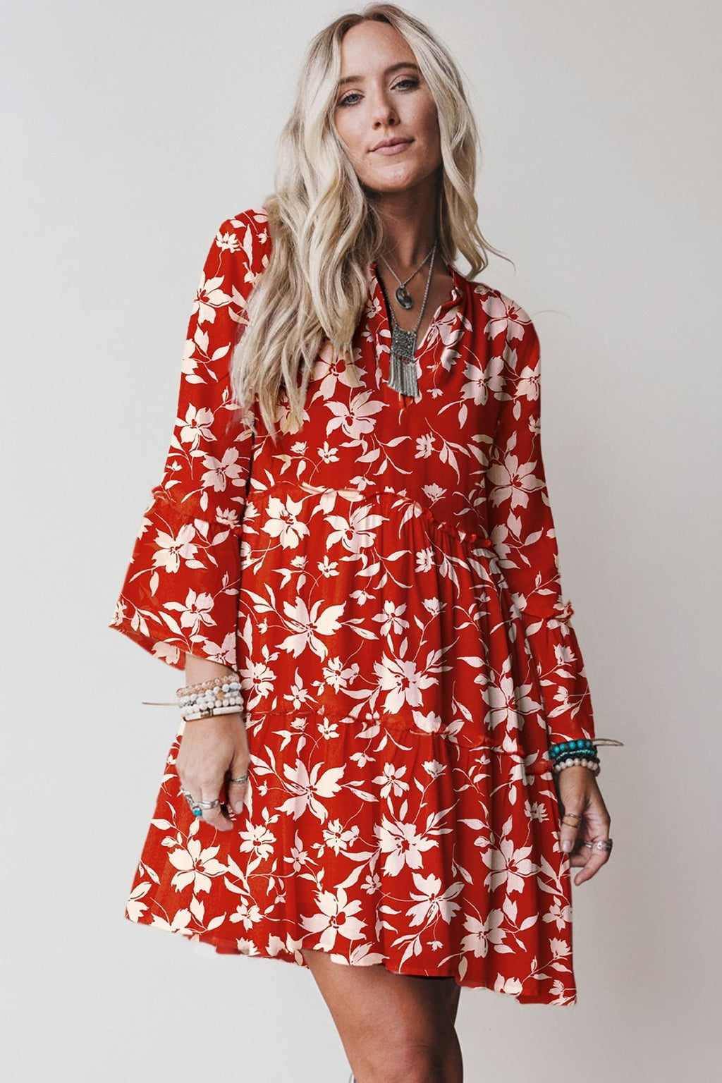 Boho Floral Lettuce Trim 3/4 Sleeve Mini Dress - Rooted & Reckless Co.