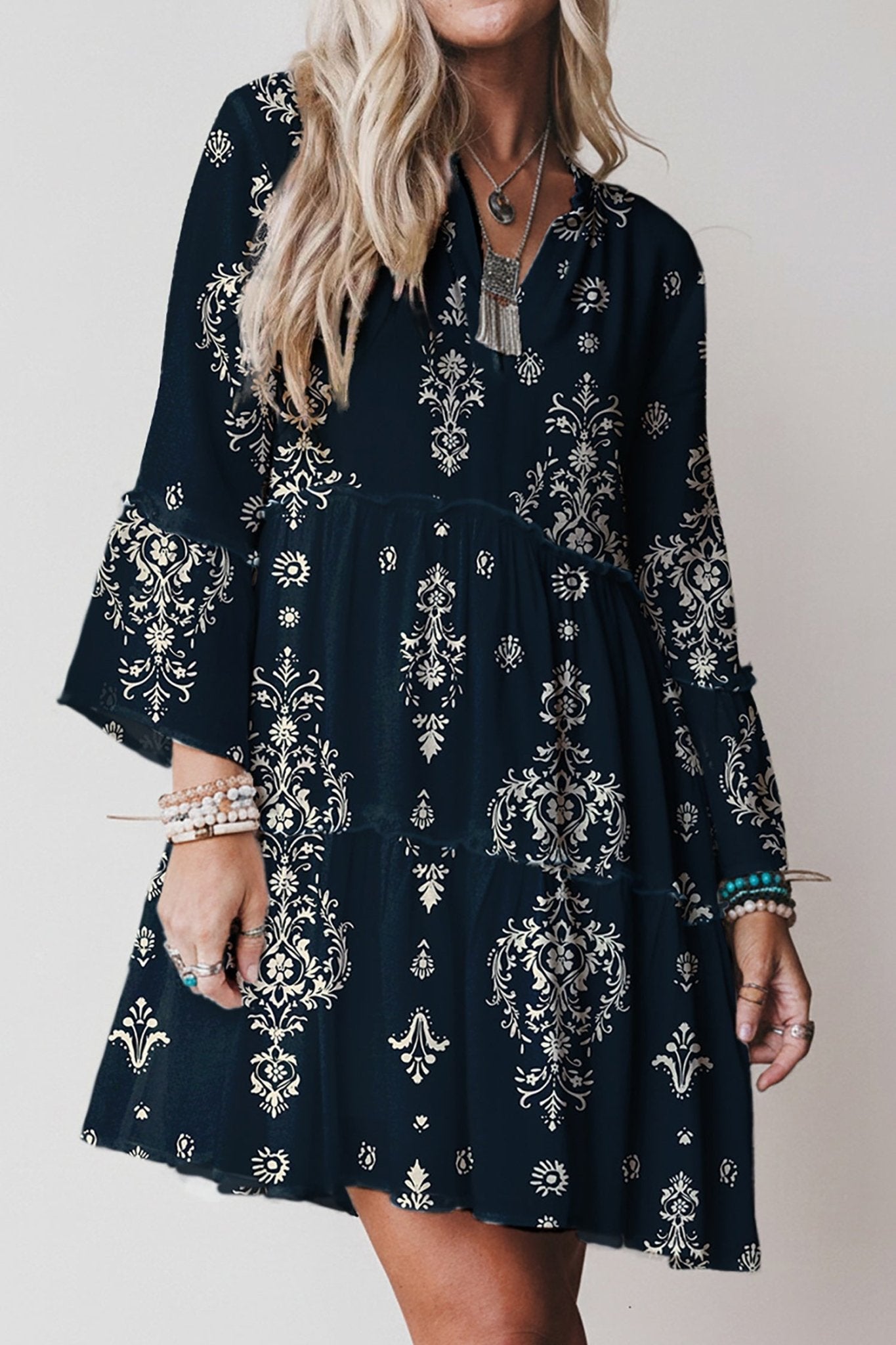 Boho Floral Lettuce Trim 3/4 Sleeve Mini Dress - Rooted & Reckless Co.