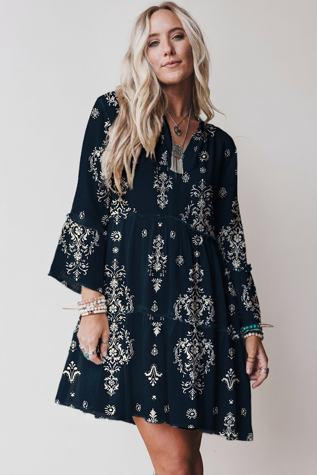 Boho Floral Lettuce Trim 3/4 Sleeve Mini Dress - Rooted & Reckless Co.