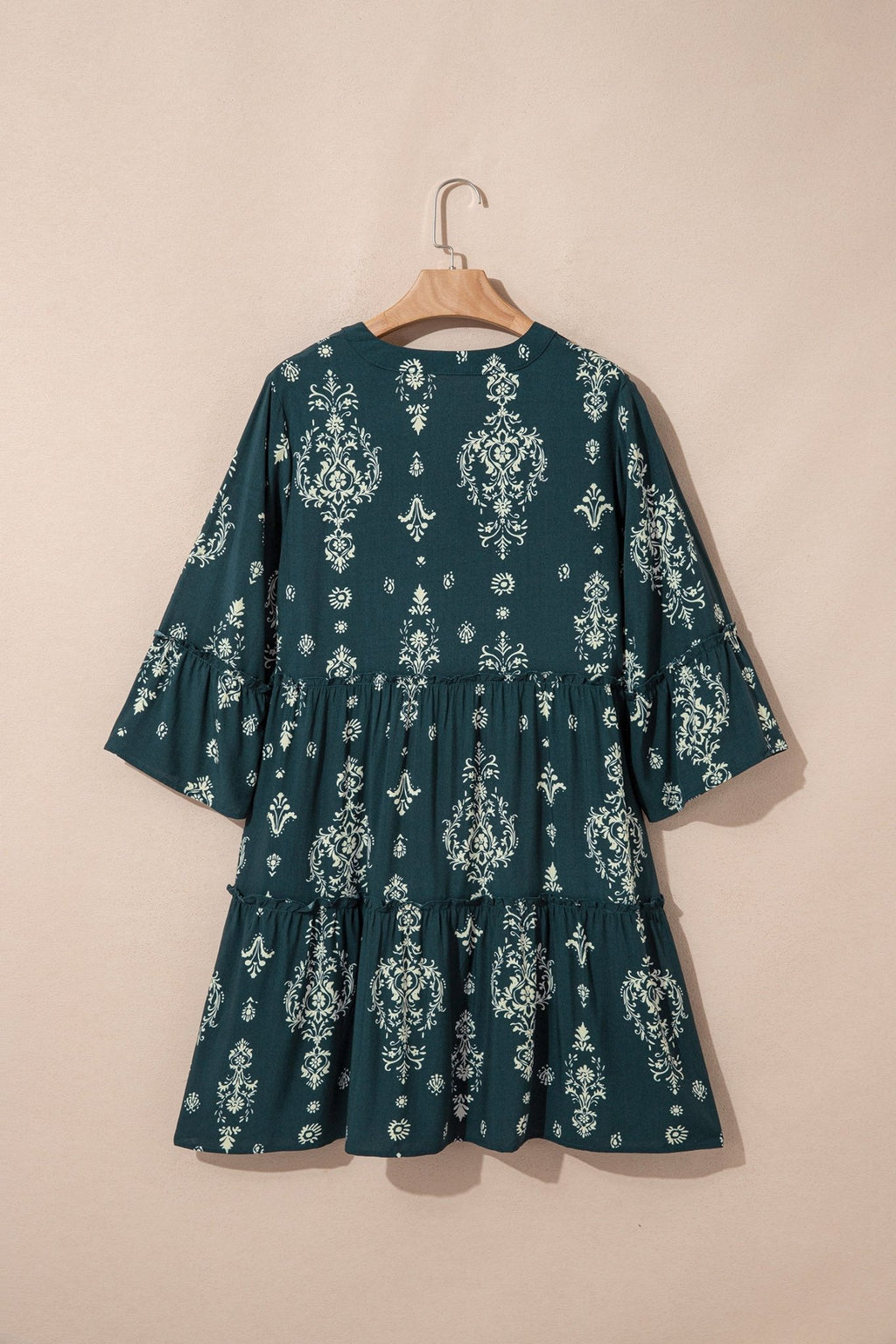 Boho Floral Lettuce Trim 3/4 Sleeve Mini Dress - Rooted & Reckless Co.