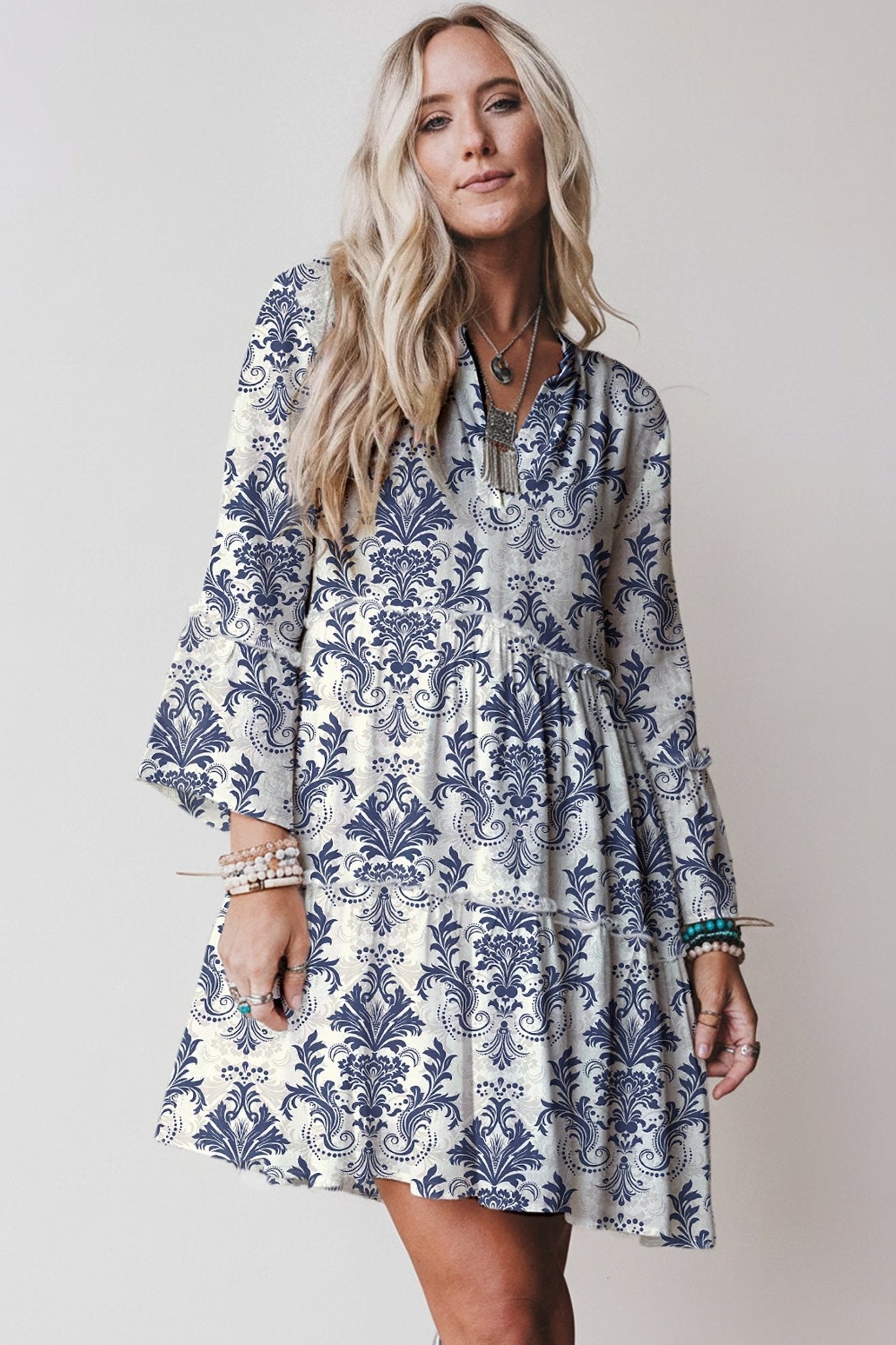 Boho Floral Lettuce Trim 3/4 Sleeve Mini Dress - Rooted & Reckless Co.