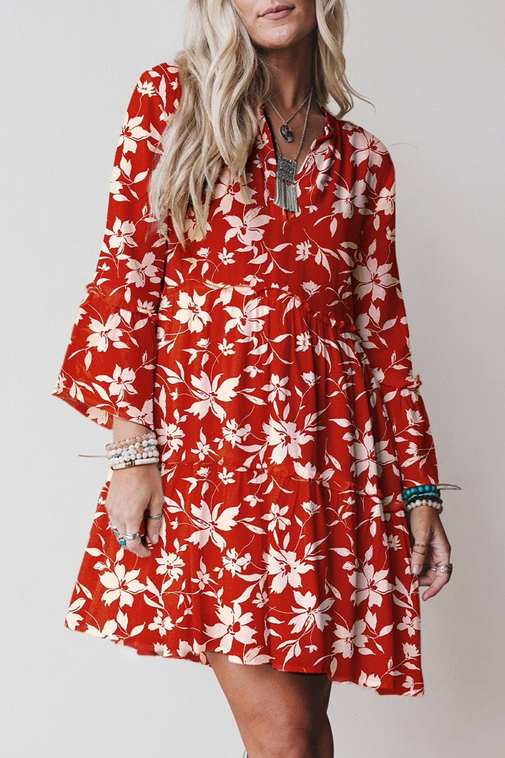 Boho Floral Lettuce Trim 3/4 Sleeve Mini Dress - Rooted & Reckless Co.