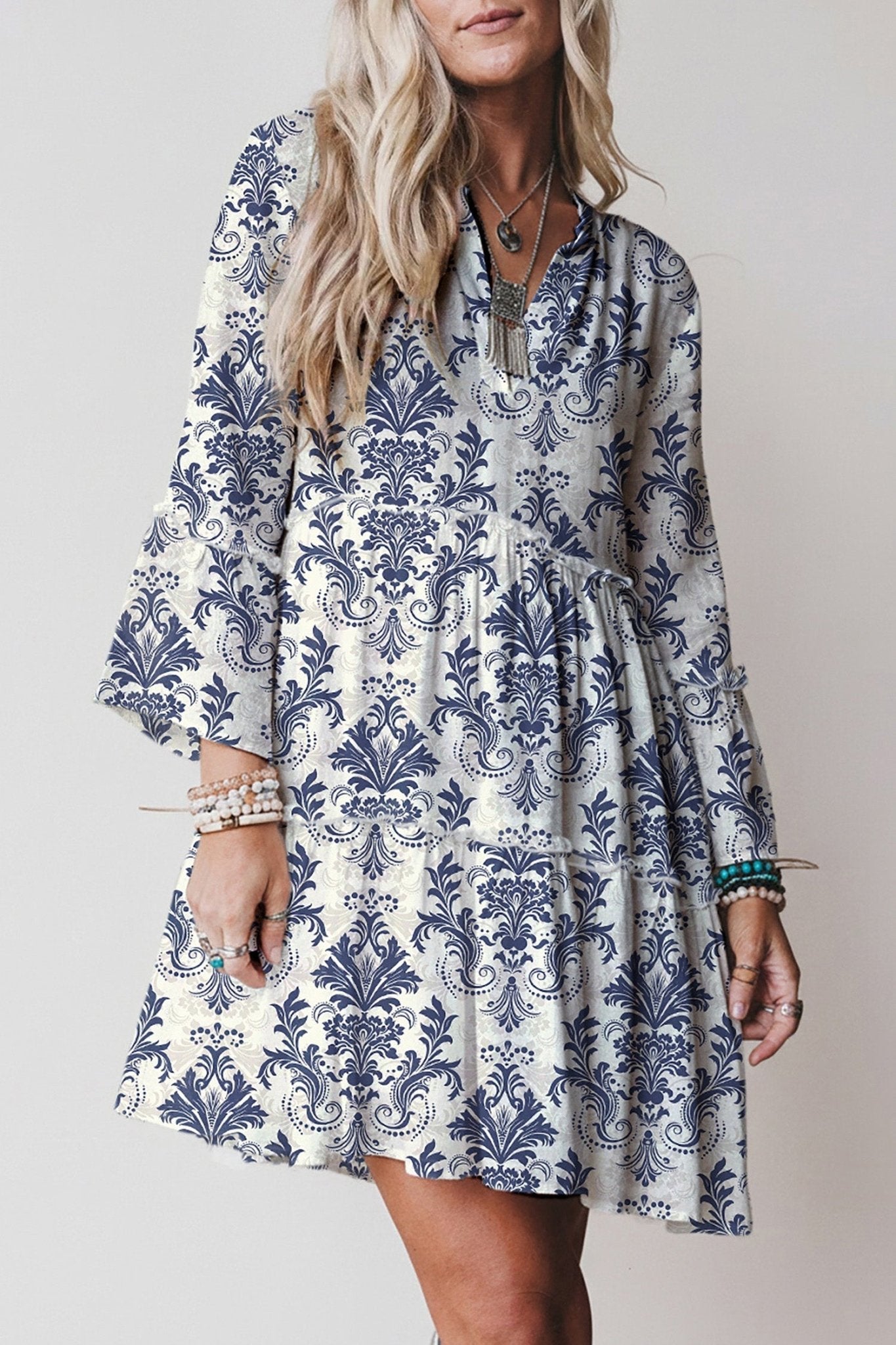 Boho Floral Lettuce Trim 3/4 Sleeve Mini Dress - Rooted & Reckless Co.